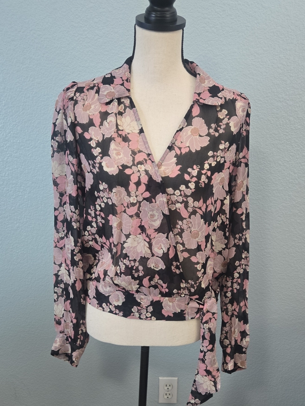 PAIGE Juna Floral-Print Wrap-Effect Silk Blouse in Black Pink MEDIUM